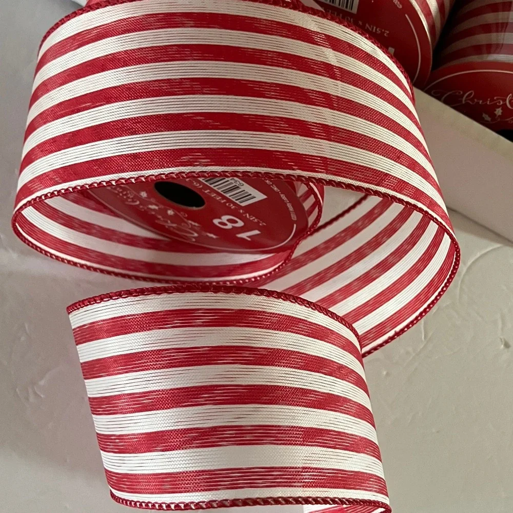 Red and White Striped Wired Edge Ribbon 9 Roll‎ Set 2.5” width 30’ each Roll